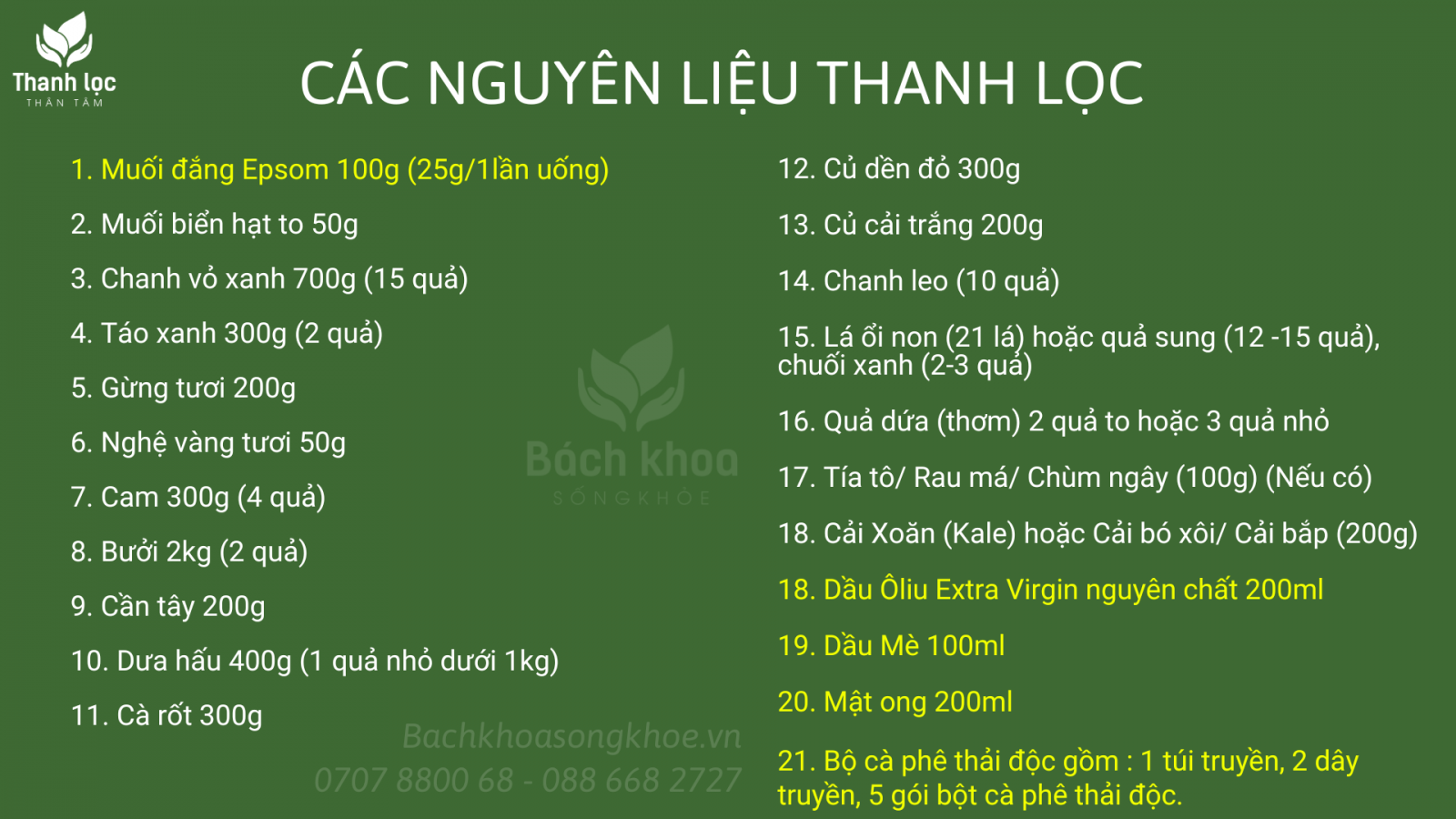 Tất cả nguyên liệu cần có cho 4 ngày Thanh lọc